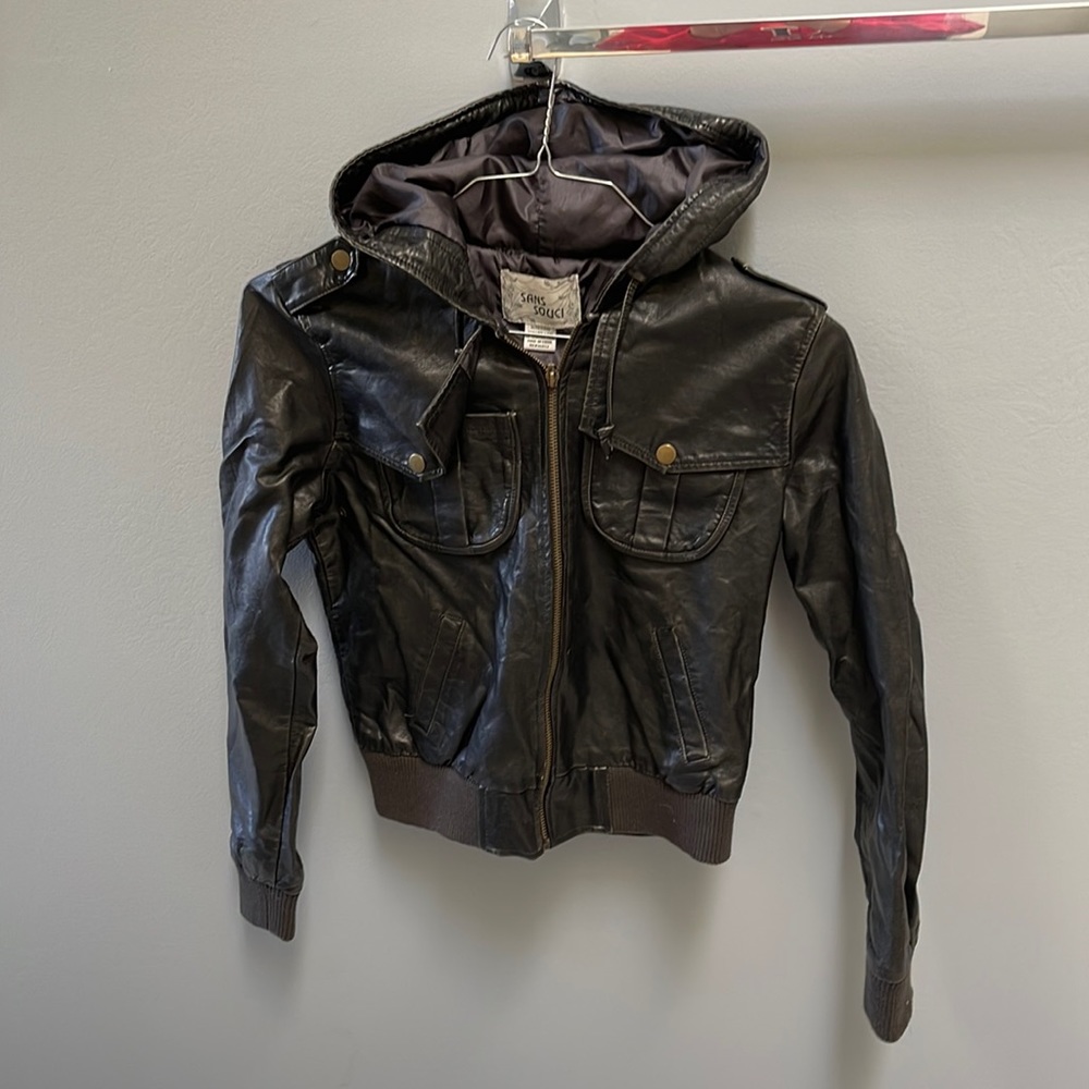 Black pleather hooded jacket